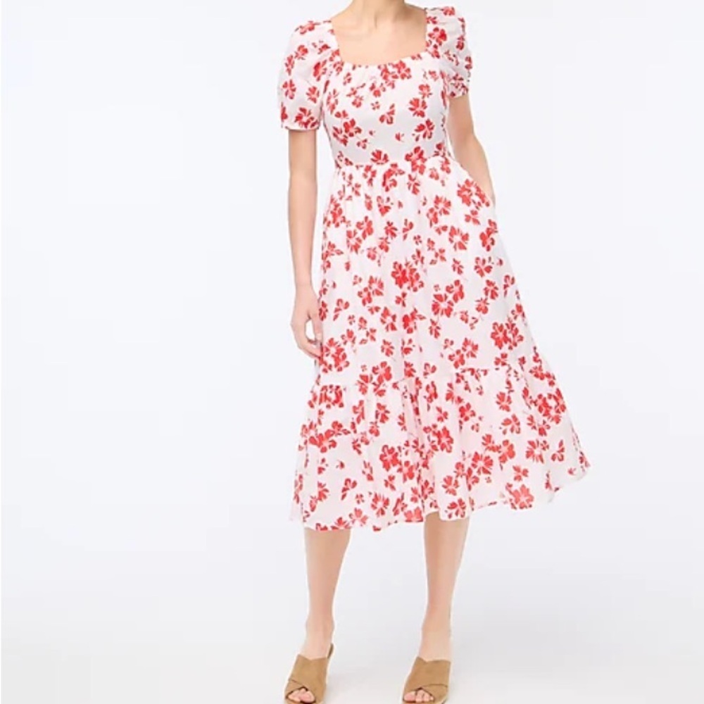 J Crew Factory Puff Sleeve Floral Cotton Midi Dress